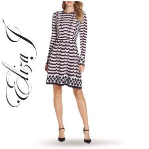 Eliza J Navy Blue Artwork Jacquard Sweater Dress (Missing Size Tag, Fits XS/S)